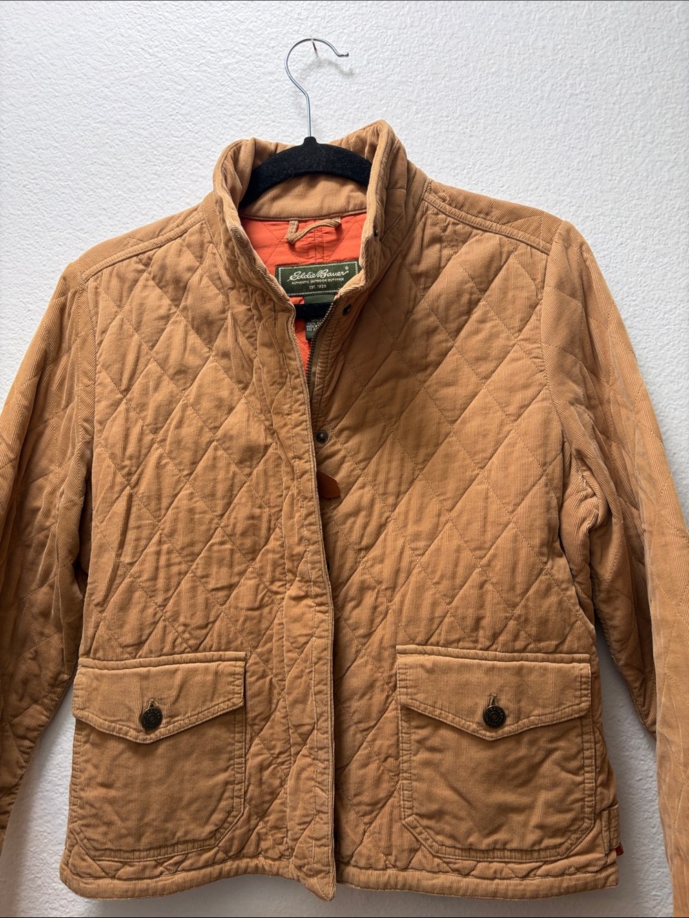 Eddie Bauer Quilted Utility Jacket in Tan with Orange Lining